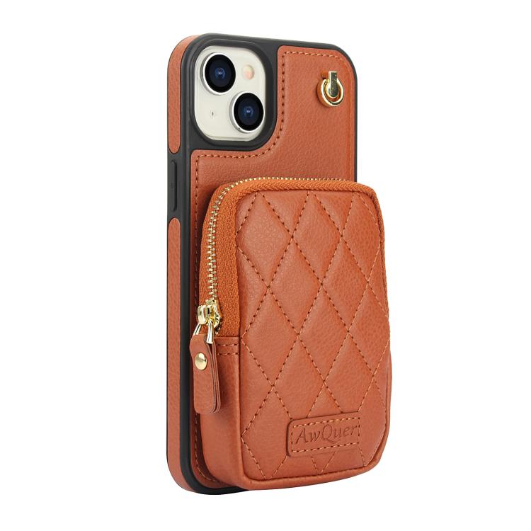 Cartera Cruzada Awquer para iPhone 14/13 con Cremallera y Funda de Piel de Lichi (Marrón)