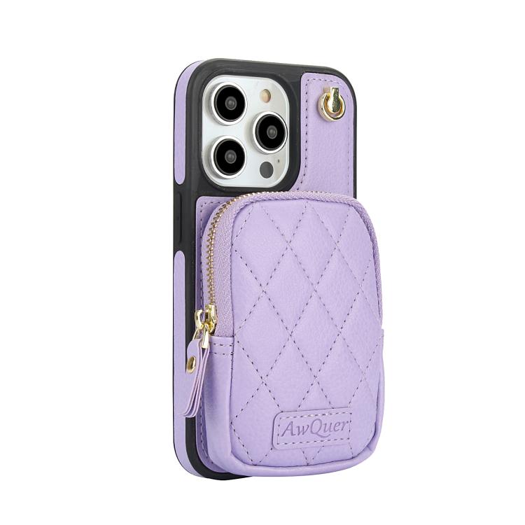 Funda para iPhone 14 Pro Max Awquer Crossbody Zipper Wallet Bag Litchi Leather Phone Case (Púrpura Claro)