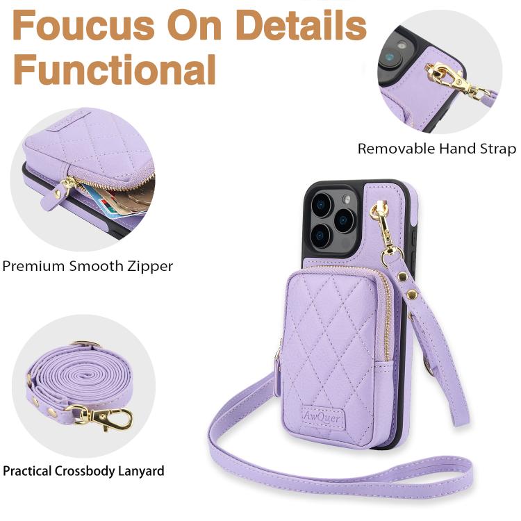 Funda para iPhone 14 Pro Max Awquer Crossbody Zipper Wallet Bag Litchi Leather Phone Case (Púrpura Claro)