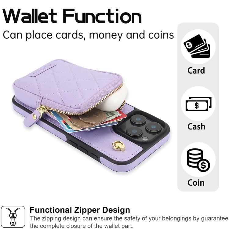 Funda para iPhone 14 Pro Max Awquer Crossbody Zipper Wallet Bag Litchi Leather Phone Case (Púrpura Claro)