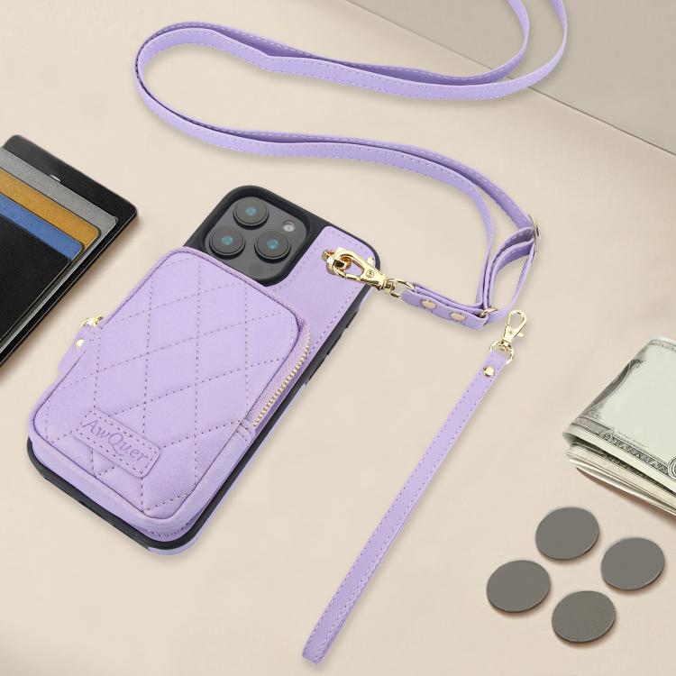 Funda para iPhone 14 Pro Max Awquer Crossbody Zipper Wallet Bag Litchi Leather Phone Case (Púrpura Claro)