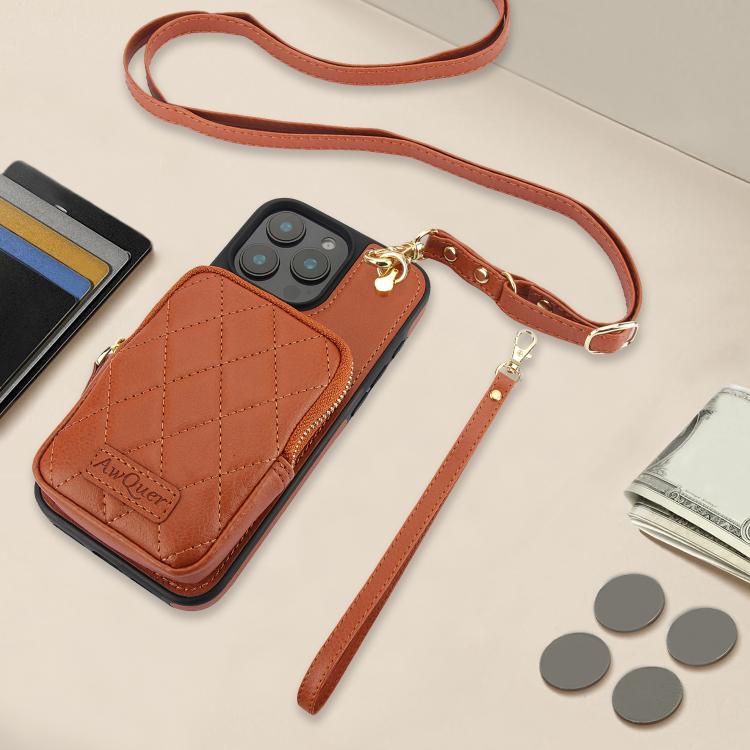 Funda de teléfono Awquer Crossbody Wallet Bag para iPhone 14 Pro Max de cuero de Lichi (Marrón)