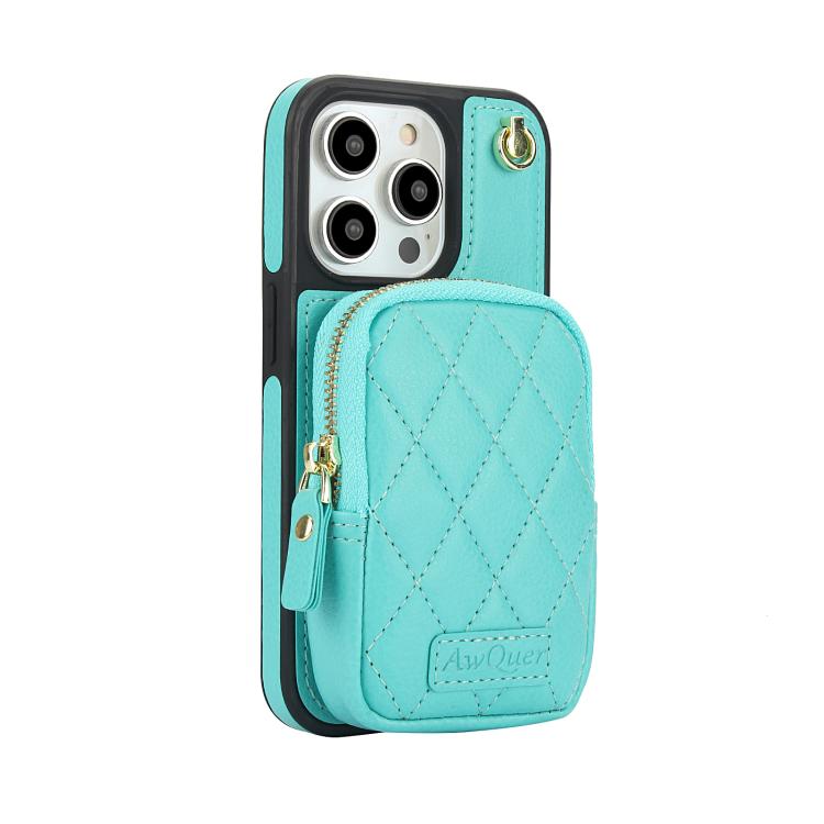 Funda para iPhone 13 Pro Awquer Crossbody Zipper Wallet Bag Litchi Leather Phone Case (Verde Menta)