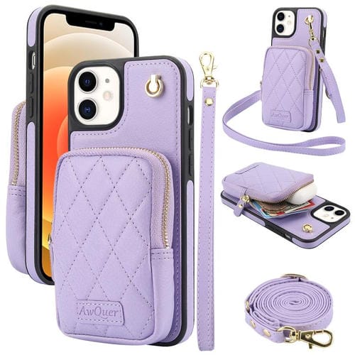 Funda para iPhone 12/12 Pro Awquer Crossbody Zipper Wallet Bag Litchi Leather Phone Case (Púrpura Claro)