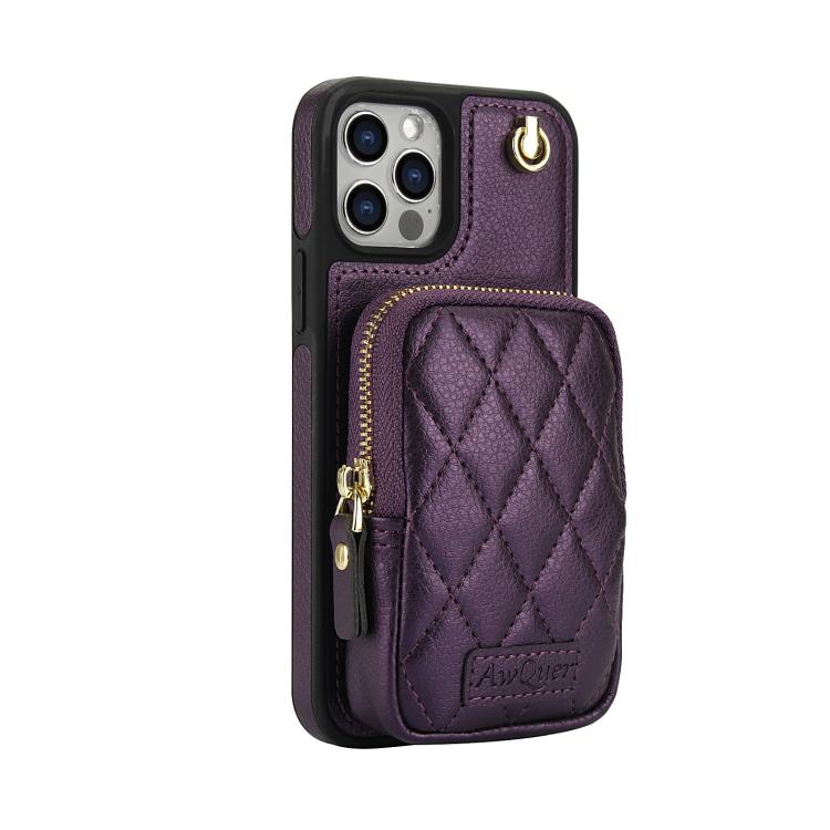 Funda para iPhone 12/12 Pro Awquer Cartera Cruzada con Cremallera Piel de Lichi (Morado Oscuro)