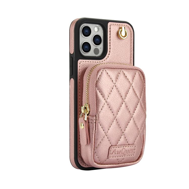Cartera Cruzada Awquer para iPhone 12 Pro Max con Cremallera y Funda de Piel de Lichi (Oro Rosa)