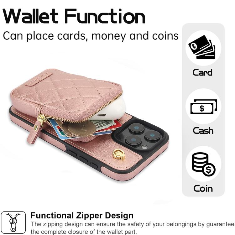Cartera Cruzada Awquer para iPhone 12 Pro Max con Cremallera y Funda de Piel de Lichi (Oro Rosa)
