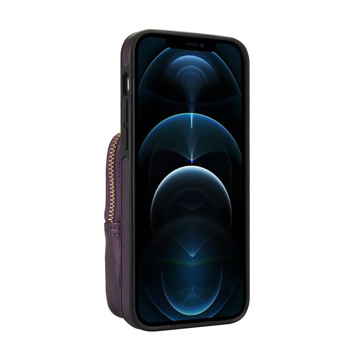 Funda para iPhone 12 Pro Max Awquer Cartera Cruzada con Cremallera Piel de Lichi (Morado Oscuro)
