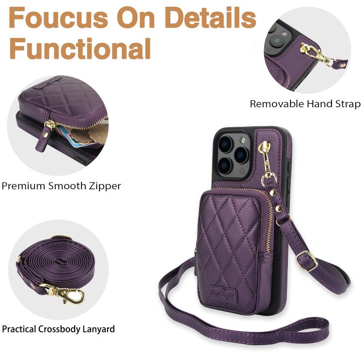 Funda para iPhone 12 Pro Max Awquer Cartera Cruzada con Cremallera Piel de Lichi (Morado Oscuro)