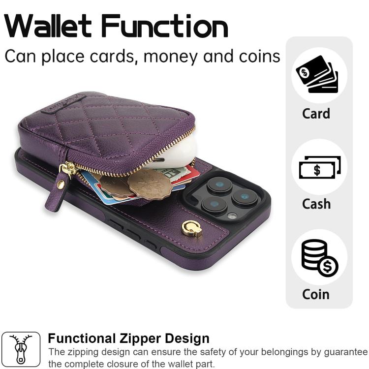 Funda para iPhone 12 Pro Max Awquer Cartera Cruzada con Cremallera Piel de Lichi (Morado Oscuro)