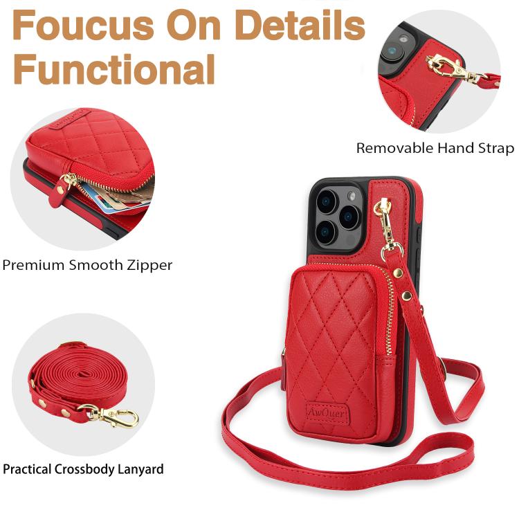 Funda para iPhone 11 Pro Max Awquer Crossbody Zipper Wallet Bag Litchi Leather Phone Case (Rojo)