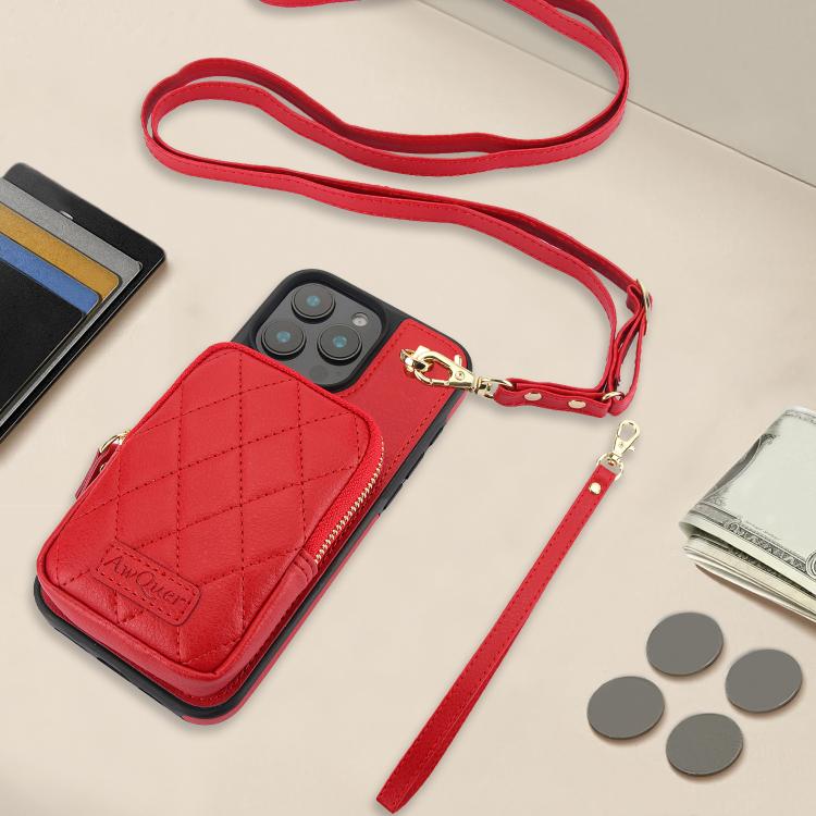Funda para iPhone 11 Pro Max Awquer Crossbody Zipper Wallet Bag Litchi Leather Phone Case (Rojo)