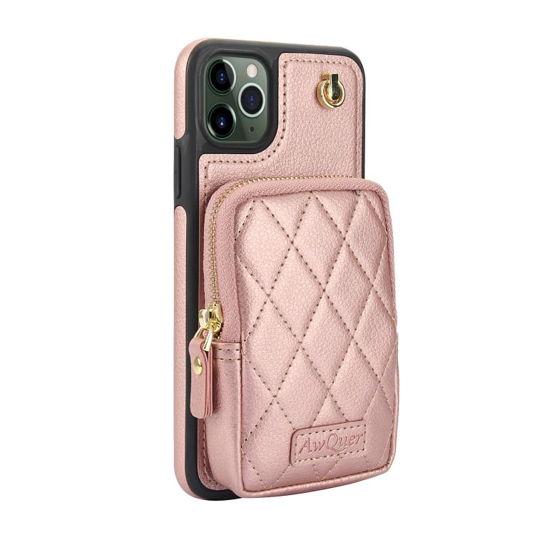 Cartera Cruzada Awquer para iPhone 11 Pro Max con Cremallera y Parte Trasera de Piel de Lichi (Oro Rosa)