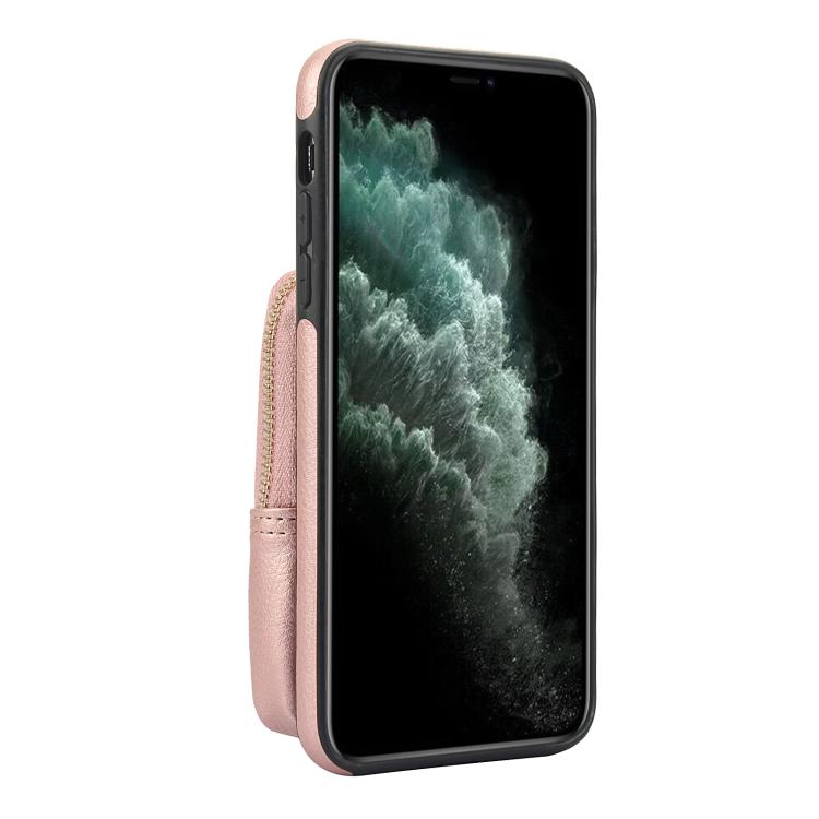 Cartera Cruzada Awquer para iPhone 11 Pro Max con Cremallera y Parte Trasera de Piel de Lichi (Oro Rosa)