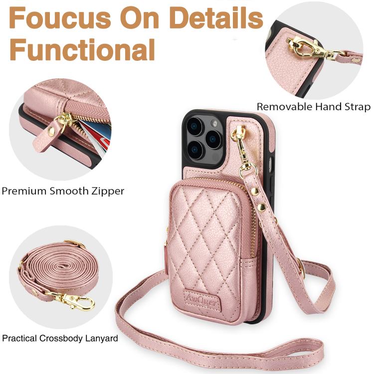 Cartera Cruzada Awquer para iPhone 11 Pro Max con Cremallera y Parte Trasera de Piel de Lichi (Oro Rosa)