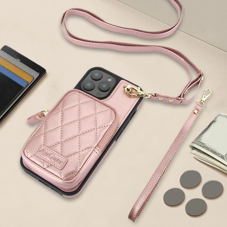 Cartera Cruzada Awquer para iPhone 11 Pro Max con Cremallera y Parte Trasera de Piel de Lichi (Oro Rosa)