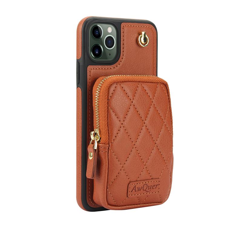 Funda para iPhone 11 Awquer con Cremallera Cruzada y Billetera de Cuero de Lichi (Marrón)