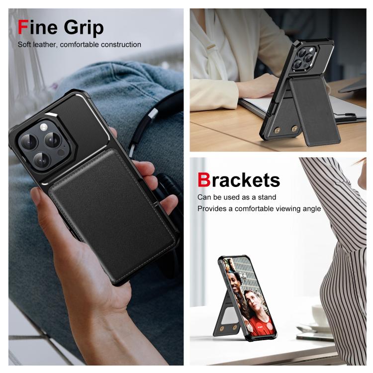 Funda de Cuero con Tapa Vertical para iPhone 16 Pro con Tarjetero (Negro)