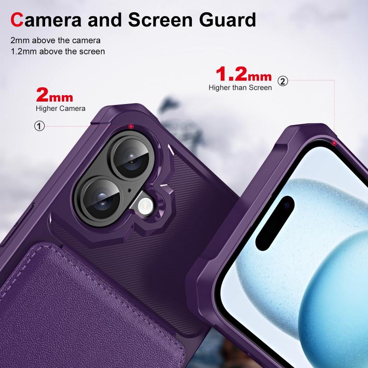 Funda de Cuero con Tapa Vertical para iPhone 16 Plus Tarjetero (Morado)