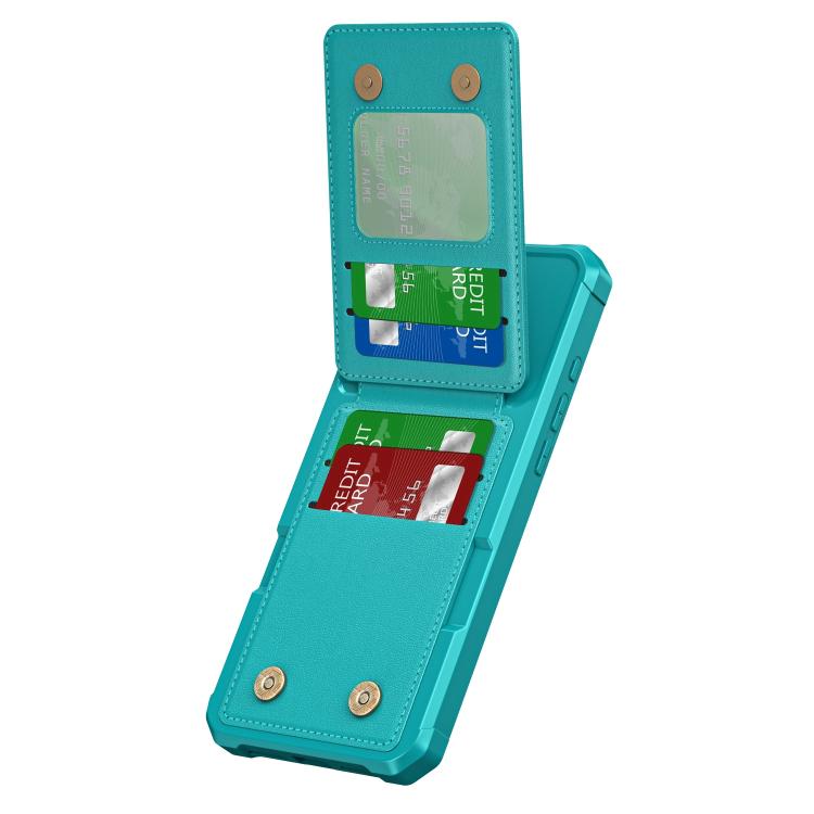 Funda de Cuero para iPhone 16 Plus con Tapa Vertical y Tarjetero (Verde Cian)