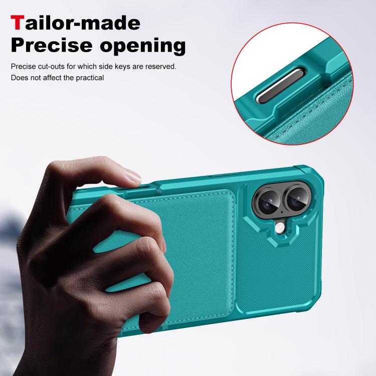 Funda de Cuero para iPhone 16 Plus con Tapa Vertical y Tarjetero (Verde Cian)