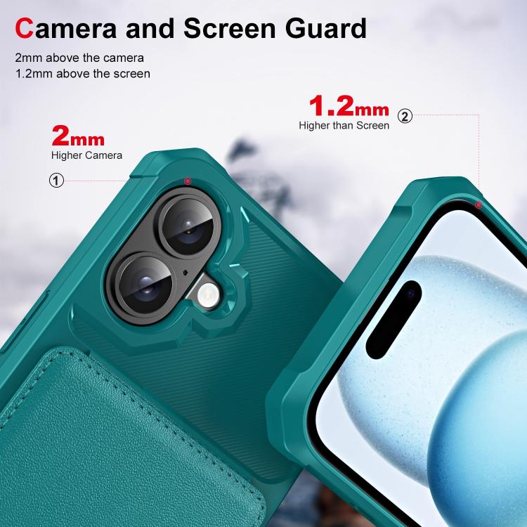 Funda de Cuero para iPhone 16 Plus con Tapa Vertical y Tarjetero (Verde Cian)