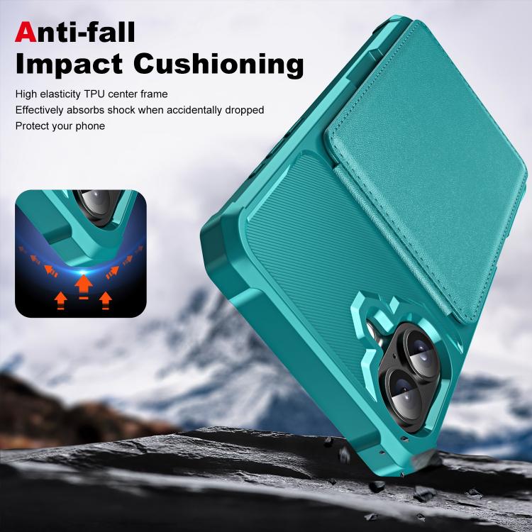Funda de Cuero para iPhone 16 Plus con Tapa Vertical y Tarjetero (Verde Cian)