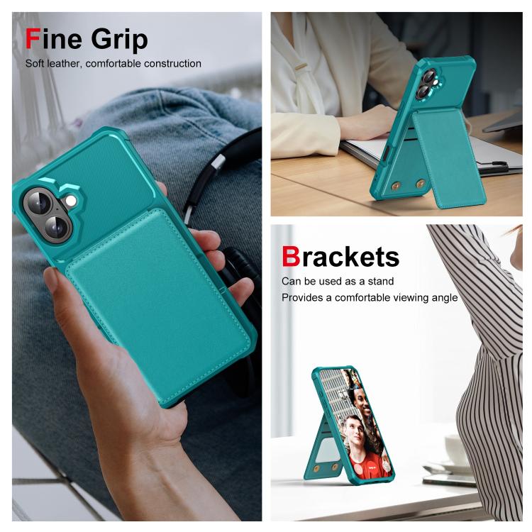Funda de Cuero para iPhone 16 Plus con Tapa Vertical y Tarjetero (Verde Cian)