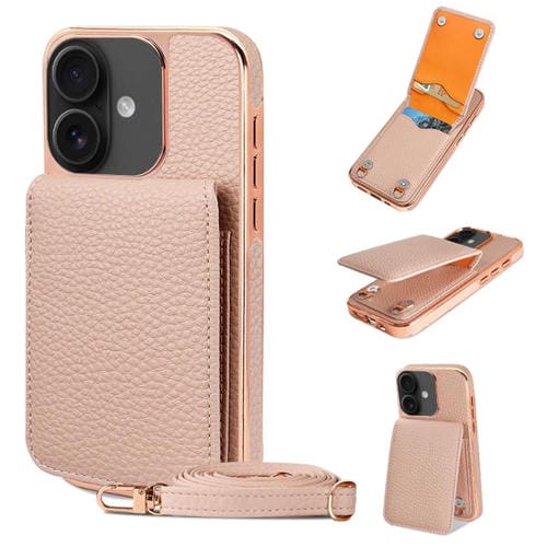 Funda para iPhone 16 Vietao Textura de Lichi Billetera de Pu con Cordón (Rosa)