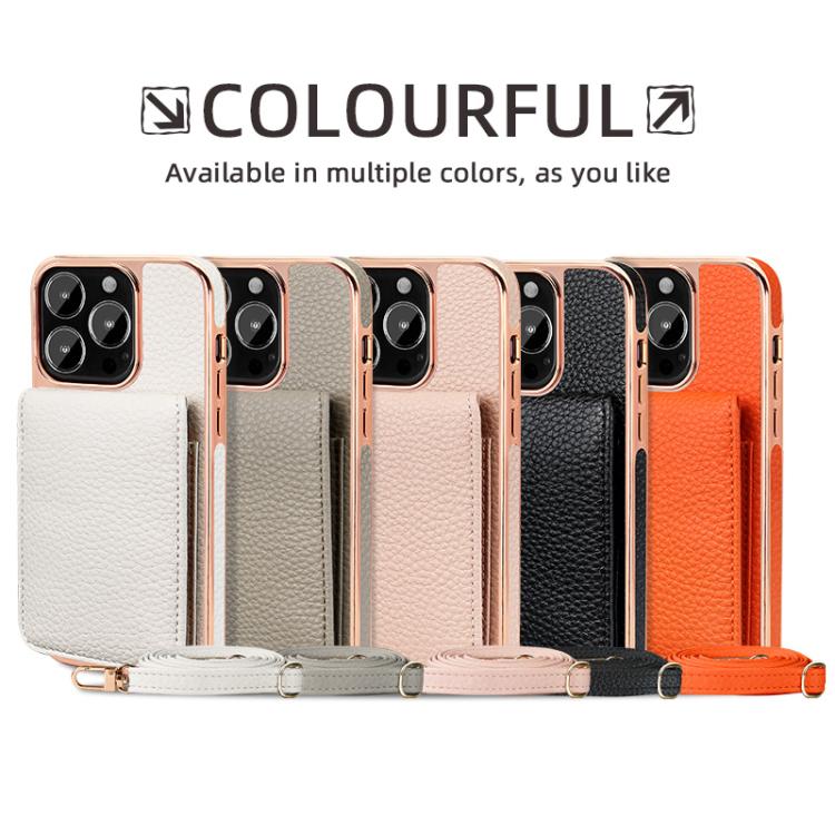 Funda de Teléfono Tipo Billetera Vietao Textura de Lichi con Cordón de Pu para iPhone 14 Pro Max (Gris)