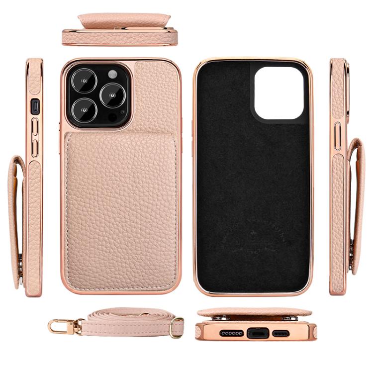 Funda de Teléfono Tipo Billetera Vietao Textura de Lichi Cordón de Pu para iPhone 14 Pro Max (Rosa)