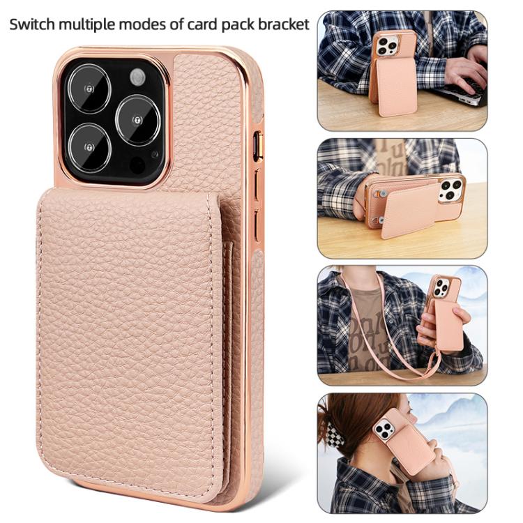 Funda de Teléfono Tipo Billetera Vietao Textura de Lichi Cordón de Pu para iPhone 14 Pro Max (Rosa)