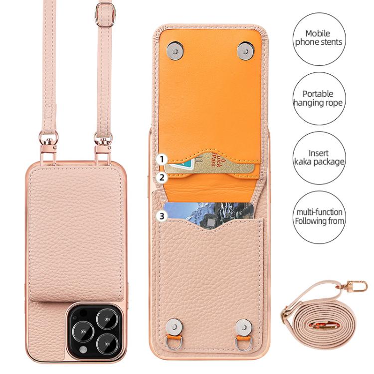 Funda de Teléfono Tipo Billetera Vietao Textura de Lichi Cordón de Pu para iPhone 14 Pro Max (Rosa)