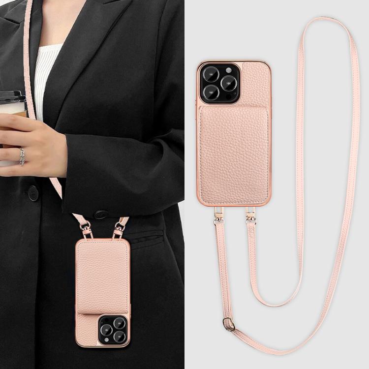 Funda de Teléfono Tipo Billetera Vietao Textura de Lichi Cordón de Pu para iPhone 14 Pro Max (Rosa)