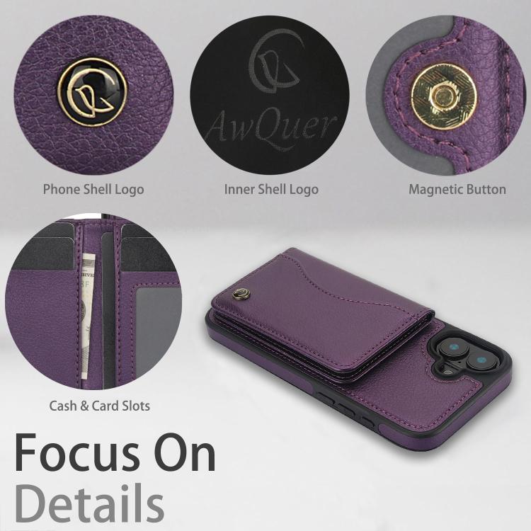 Funda para iPhone 16 Plus Awquer Cuero con Tapa Horizontal para Tarjetas y Soporte (Morado Oscuro)