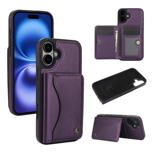 Funda de Cuero con Tapa Horizontal para iPhone 16 Awquer con Tarjetero (Morado Oscuro)