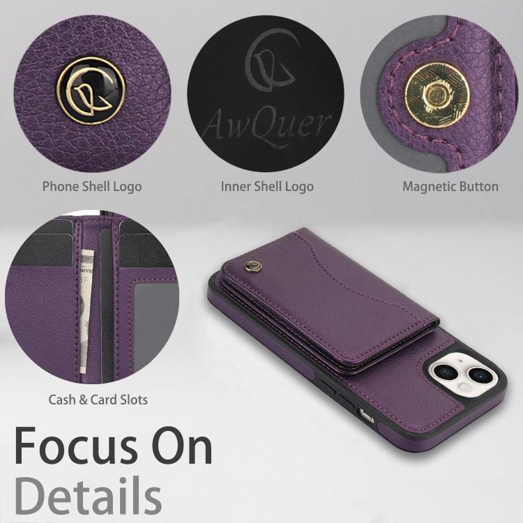 Funda para iPhone 15 Plus Awquer Cuero con Tapa Horizontal para Tarjetas y Soporte (Morado Oscuro)