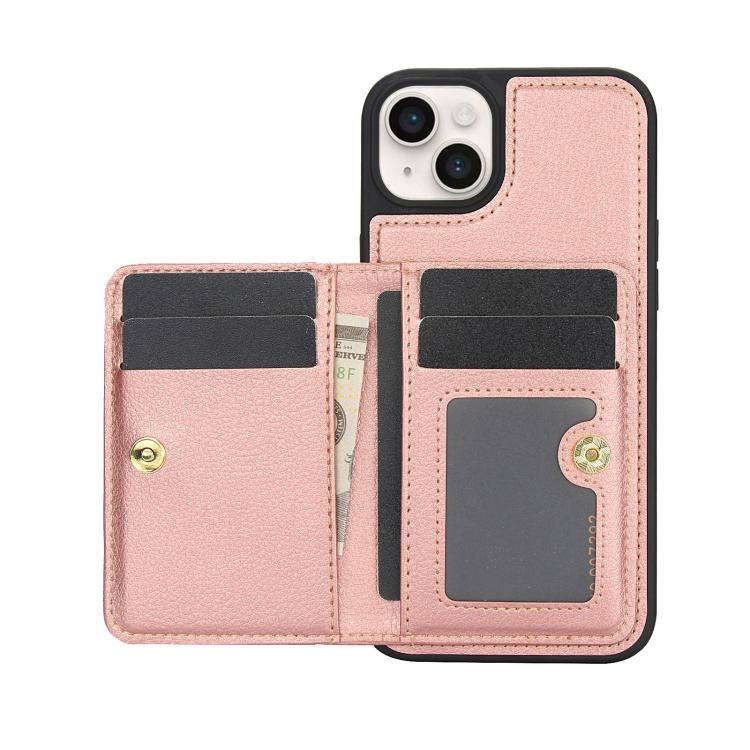 Funda de Cuero Awquer para iPhone 15 Plus con Tapa Horizontal para Tarjetas y Soporte (Oro Rosa)