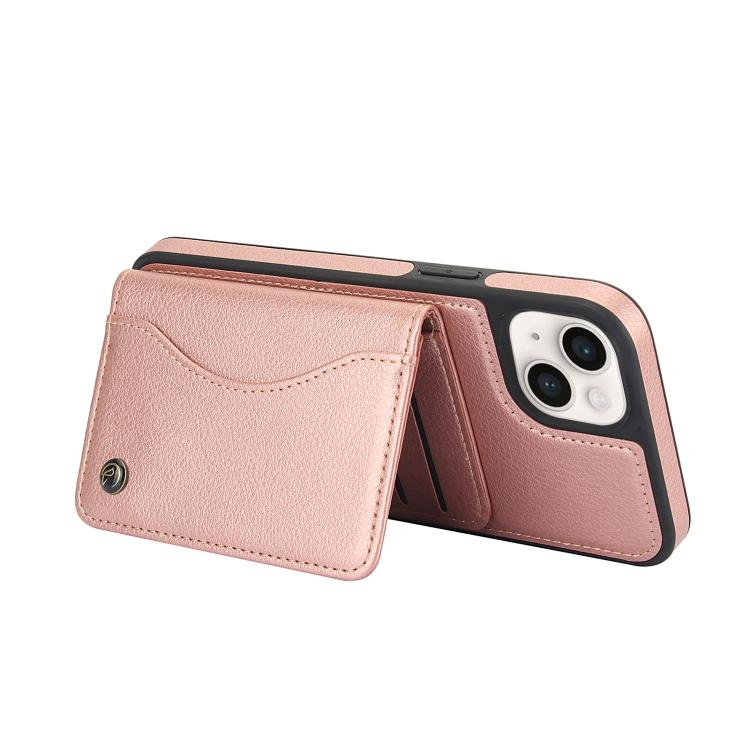 Funda de Cuero Awquer para iPhone 15 Plus con Tapa Horizontal para Tarjetas y Soporte (Oro Rosa)