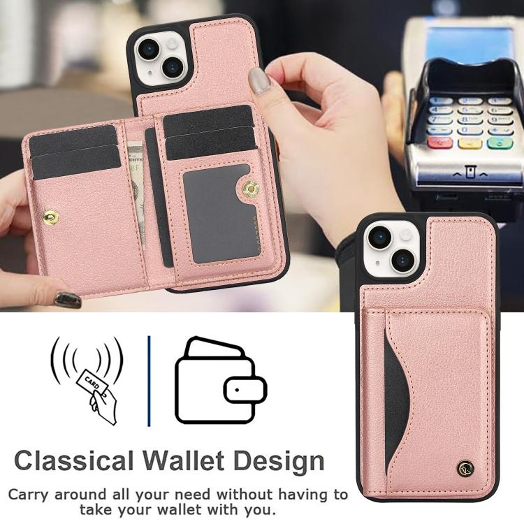 Funda de Cuero Awquer para iPhone 15 Plus con Tapa Horizontal para Tarjetas y Soporte (Oro Rosa)