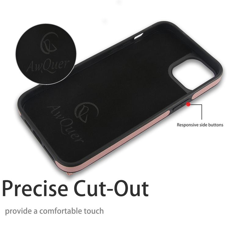 Funda de Cuero Awquer para iPhone 15 Plus con Tapa Horizontal para Tarjetas y Soporte (Oro Rosa)