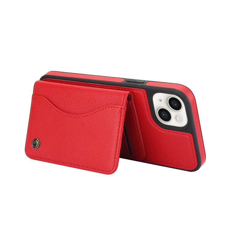 Funda de Cuero Awquer para iPhone 15 Plus con Tapa Horizontal para Tarjetas y Soporte (Rojo)