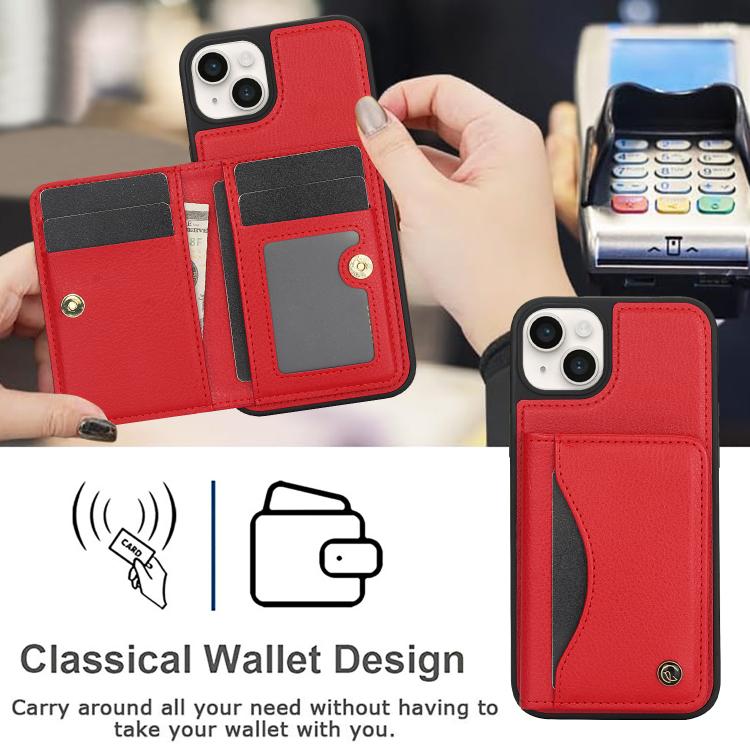 Funda de Cuero Awquer para iPhone 15 Plus con Tapa Horizontal para Tarjetas y Soporte (Rojo)