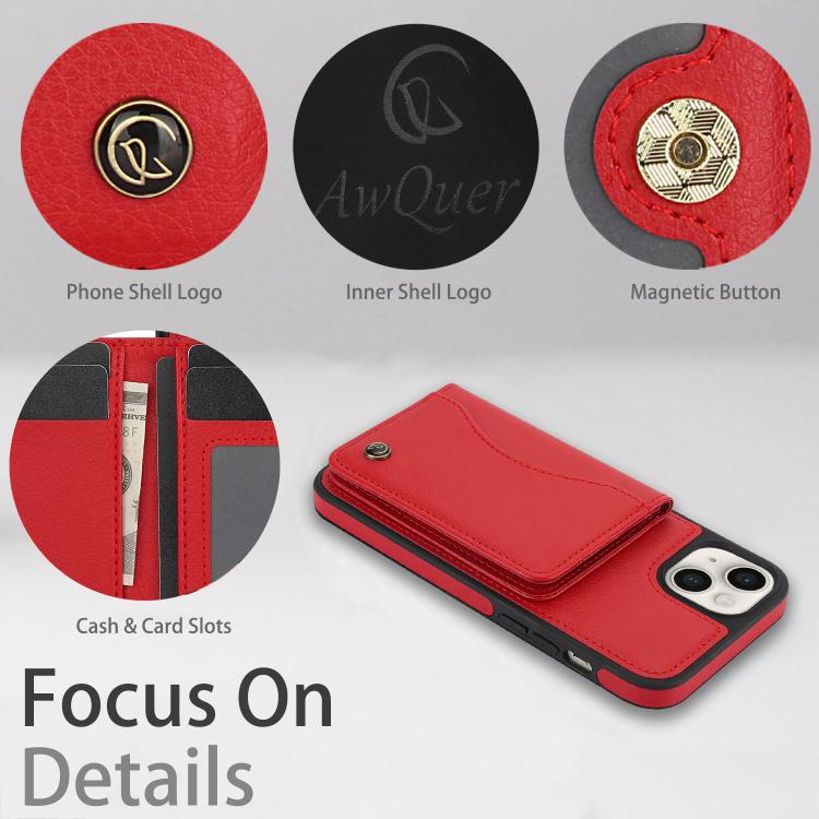 Funda de Cuero Awquer para iPhone 15 Plus con Tapa Horizontal para Tarjetas y Soporte (Rojo)