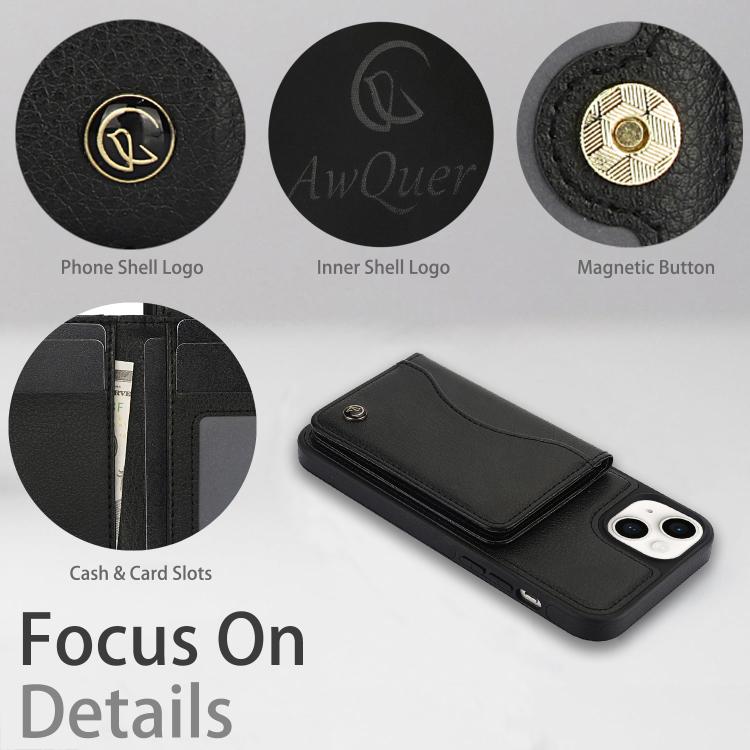 Funda de Cuero Awquer para iPhone 14/13 con Tapa Horizontal, Tarjetas y Soporte (Negro)
