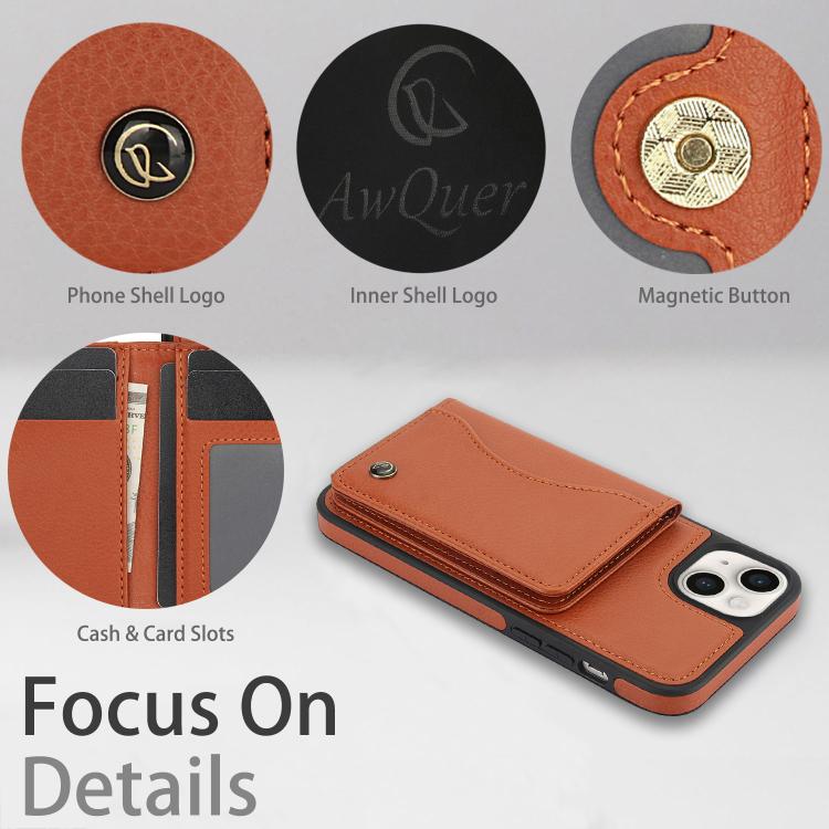 Funda de Cuero Awquer para iPhone 14/13 con Tapa Horizontal para Tarjetas y Soporte (Marrón)