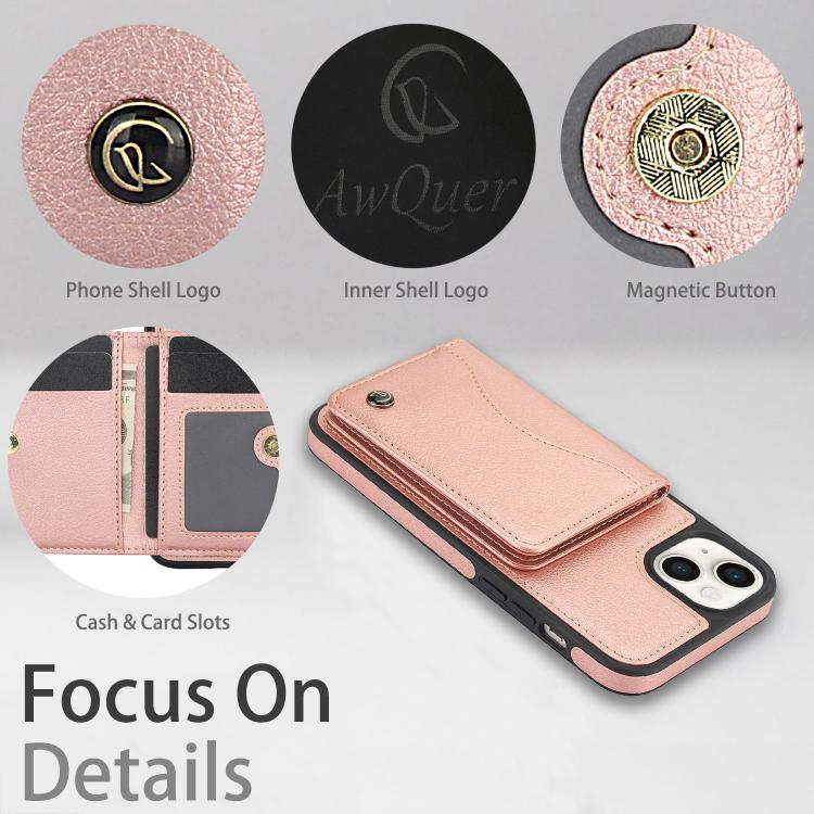 Funda para iPhone 14/13 Awquer Cuero Tapa Horizontal Tarjetas Soporte (Oro Rosa)