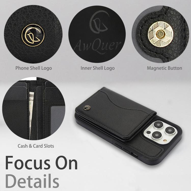 Funda para iPhone 14 Pro Awquer Cuero con Tapa Horizontal para Tarjetas y Soporte (Negro)