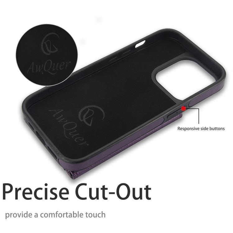 Funda de Cuero Awquer para iPhone 14 Pro con Tapa Horizontal para Tarjetas y Soporte (Morado Oscuro)