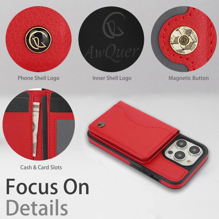 Funda para iPhone 13 Pro Awquer Cuero Tapa Horizontal Tarjetas Soporte (Rojo)